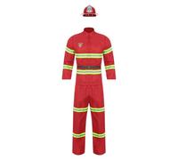 Oyolan Déguisement Pompier Homme Uniforme avec Casque de Pompier Costume Ensemble Halloween Carnaval XS-L Rouge L