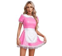 Oyolan Déguisement Soubrette Sexy Femme Costume Serveuse Servante Robe Cuir Verni Tenue Carnaval Halloween Clubwear S-5XL Type A Rose 3XL