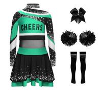 Oyolan Enfant Fille Déguisement Pompom Girl Cosplay Ensemble Tenue Haut Manches Longues Strass avec Jupe Chaussettes Pompons Halloween Carnaval Costume Vert Noir 11-12 ans