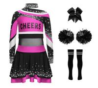 Oyolan Enfant Fille Déguisement Pompom Girl Cosplay Ensemble Tenue Haut Manches Longues Strass avec Jupe Chaussettes Pompons Halloween Carnaval Costume Rose vif Noir 13-14 ans