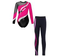 Oyolan Enfant Fille Ensemble Justaucorps Gymnastique Danse Patinage Manches Longues Strass et Legging Gym Collant 5-14 Ans G Rose vif 5-6 ans