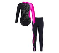 Oyolan Enfant Fille Ensemble Justaucorps Gymnastique Danse Patinage Manches Longues Strass et Legging Gym Tenue B Rose 9-10 ans