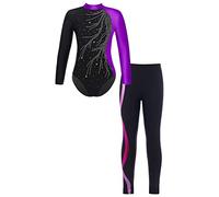Oyolan Enfant Fille Ensemble Justaucorps Gymnastique Danse Patinage Manches Longues Strass et Legging Gym Collant 5-14 Ans