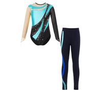 Oyolan Enfant Fille Ensemble Justaucorps Gymnastique Danse Patinage Manches Longues Strass et Legging Gym Collant 5-14 Ans