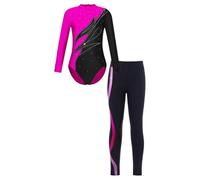 Oyolan Enfant Fille Ensemble Justaucorps Gymnastique Danse Patinage Manches Longues Strass et Legging Gym Collant 5-14 Ans