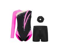 Oyolan Enfant Fille Ensemble Justaucorps Short Gymnastique Artistique Patinage Danse Body Une Epaule Strass Tenue Rose vif noir 5-6 ans