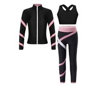 Oyolan Enfant Fille Ensemble Sport Survêtement Veste Débardeur Legging Gym Tenue Gymnastique Patinage Danse Entraînement D Noir&Rose 13-14 ans