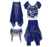 Oyolan Enfant Fille Ensemble Tenue Danse Orientale Danse du Ventre Costume Haut Paillette Frangé Brillant Pantalon Sarouel Dancewear 2-12 Ans Bleu royal 7-9 ans