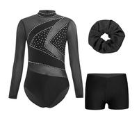 Oyolan Enfant Fille Justaucorps Gymnastique avec Short Ensemble Patinage Danse Gym Tenue Spectacle Costume 5-16 Ans