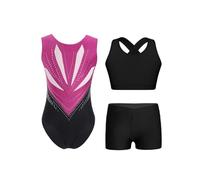 Oyolan Enfant Fille Justaucorps Gymnastique et Short avec Débardeur Ensemble 3 Pièces Tenue Patinage Artistique Danse Rose vif noir 11-12 ans