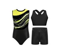 Oyolan Enfant Fille Justaucorps Gymnastique et Short avec Débardeur Tank Top Ensemble 3 Pièces Tenue Patinage Artistique Danse Spectacle G Jaune fluo 5-6 ans