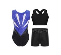 Oyolan Enfant Fille Justaucorps Gymnastique et Short avec Débardeur Tank Top Ensemble 3 Pièces Tenue Patinage Artistique Danse Spectacle D Bleu 11-12 ans