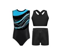 Oyolan Enfant Fille Justaucorps Gymnastique et Short avec Débardeur Tank Top Ensemble 3 Pièces Tenue Patinage Artistique Danse Spectacle G Bleu clair 13-14 ans