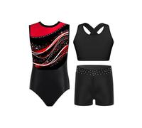 Oyolan Enfant Fille Justaucorps Gymnastique et Short avec Débardeur Tank Top Ensemble 3 Pièces Tenue Patinage Artistique Danse Spectacle G Rouge 13-14 ans