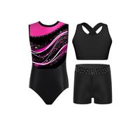 Oyolan Enfant Fille Justaucorps Gymnastique et Short avec Débardeur Tank Top Ensemble 3 Pièces Tenue Patinage Artistique Danse Spectacle G Rose vif 7-8 ans