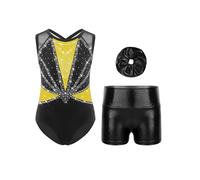Oyolan Enfant Fille Justaucorps Short Gymnastique Leotard Danse sans Manches Strass Ensemble Tenue Patinage Artistique Jaune 11-12 ans