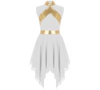 Oyolan Enfant Fille Robe Danse Liturgique Lyrique Métallique Brillant Robe Danse de Louange Tenue Danseuse 5-16 Ans Blanc 5-6 Ans