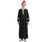 Oyolan Enfant Fille Robe de Prière Musulmane Abaya Col Rond 5-16 Ans Noir 9-10 Ans