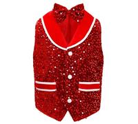 Oyolan Enfant Garçon Gilet Paillette Brillant avec Noeud Papillon Ensemble Costume Soirée Danse Spectacle Carnaval Rouge 11-12 Ans