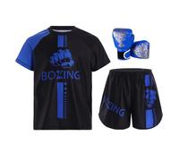 Oyolan Enfant Garçon Short de Boxe et T-Shirt avec Gants de Boxe Ensemble Muay Thai MMA Kick Boxing A Bleu 11-12 Ans