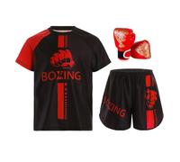 Oyolan Enfant Garçon Short de Boxe et T-Shirt avec Gants de Boxe Ensemble Muay Thai MMA Kick Boxing A Rouge 9-10 Ans