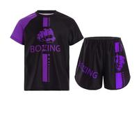 Oyolan Enfant Garçon Short de Boxe et T-Shirt Manches Courtes Ensemble de Boxe Combat Muay Thai MMA Kick Boxing Tenue pour 5-16 Ans A Violet 5-6 Ans