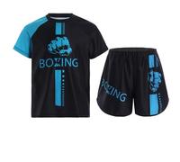 Oyolan Enfant Garçon Short de Boxe et T-Shirt Manches Courtes Ensemble de Boxe Muay Thai MMA Kick Boxing Tenue A Bleu Clair 5-6 Ans