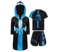 Oyolan Enfant Garçon Short de Boxe et T-shirt Peignoir Robe de Boxe à Capuche Ensemble Combat Muay Thai MMA Kick Boxing A Bleu ciel 13-14 ans
