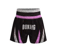 Oyolan Enfant Garcon Short de Boxe Muay Thai Kick Boxing MMA Short Sport Taille Elastique Bermuda Métallique A Rose et Argent 11-12 Ans