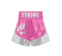 Oyolan Enfant Garcon Short de Boxe Muay Thai Kick Boxing MMA Short Sport Taille Elastique Bermuda Métallique B Rose Vif et Argent 5-6 Ans