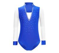 Oyolan Enfant Justaucorps de Gymnastique Garçon Tenue Patinage Artistique Leotard Ballet Danse Latine Body Strass Manches Longues Bleu 15-16 ans