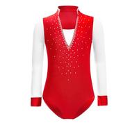 Oyolan Enfant Justaucorps de Gymnastique Garçon Tenue Patinage Artistique Leotard Ballet Danse Latine Body Strass Manches Longues Rouge 15-16 ans