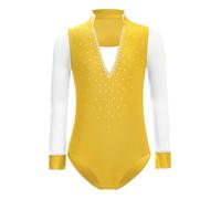 Oyolan Enfant Justaucorps de Gymnastique Garçon Tenue Patinage Artistique Leotard Ballet Danse Latine Body Strass Manches Longues Jaune 15-16 ans