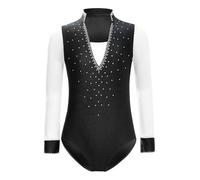 Oyolan Enfant Justaucorps de Gymnastique Garçon Tenue Patinage Artistique Leotard Ballet Danse Latine Body Strass Manches Longues Noir 15-16 ans