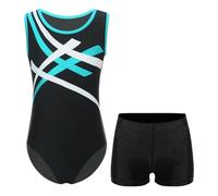 Oyolan Enfant Justaucorps Gymnastique Garçon Leotard Danse Ballet avec Short Gym Sport Ensemble Tenue Dancewear 5-16 Ans A Bleu Vert&Noir 13-14 ans