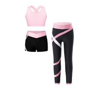 Oyolan Ensemble Sport Fille Legging Running Gilet Sport Débardeur et Short Tenue Fitness Gym Yoga Danse 5-16 Ans Rose 13-14 ans