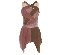 Oyolan Femme Asymétrique Robe Danse Contemporaine Lyrique sans Manches Costume Danse Latine Justaucorps Gymnastique Tenue Patinage Artistique Marron S