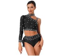 Oyolan Femme Costume Danse Moderne Jazz Robe Danse Latine Crop Top Strass Haut Une Épaule Short Tenue Patinage Gymnastique Noir S