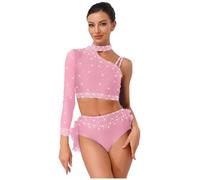 Oyolan Femme Costume Danse Moderne Jazz Robe Danse Latine Crop Top Strass Haut Une Épaule Short Tenue Patinage Gymnastique Rose S