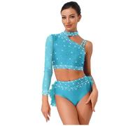 Oyolan Femme Costume Danse Moderne Jazz Robe Danse Latine Crop Top Strass Haut Une Épaule Short Tenue Patinage Gymnastique Bleu Ciel M