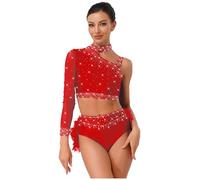 Oyolan Femme Costume Danse Moderne Jazz Robe Danse Latine Crop Top Strass Haut Une Épaule Short Tenue Patinage Gymnastique Rouge L