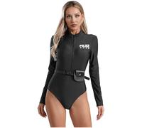 Oyolan Femme Déguisement Policière Body Manches Longues Costume Policier Halloween Carnaval Tenue Clubwear S-4XL Noir M