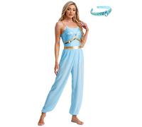 Oyolan Femme Déguisement Princesse Arabe Combinaison Paillette et Couronne Bandeau Carnaval Halloween Costume Justaucorps Danse Orientale B Bleu L