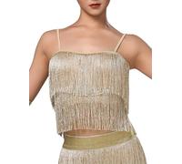 Oyolan Femme Haut Danse Latine à Franges Gilet à Bretelle Haut Court Top Danse du Ventre Tenue Oriental Débardeur Danseuse Or XL