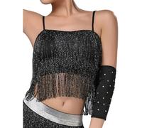 Oyolan Femme Haut Danse Latine à Franges Gilet à Bretelle Haut Court Top Danse du Ventre Tenue Oriental Débardeur Danseuse Noir Argent M