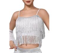 Oyolan Femme Haut Danse Latine à Franges Gilet à Bretelle Haut Court Top Danse du Ventre Tenue Oriental Débardeur Danseuse Argenté XL