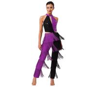 Oyolan Femme Justaucorps Danse Latine Salsa Samba Rumba Frangé Paillette Combinaison Danse Jumpsuit Bodysuit Violet XXL