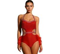 Oyolan Femme Justaucorps Danse Moderne Jazz Latine Salsa Samba Rumba avec Strass Plumes Tenue Danseuse Costume Rouge XL