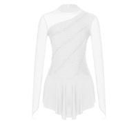 Oyolan Femme Justaucorps Robe Danse Patinage Gymnastique Strass Brillant Leotard Manches Longues Costume Spectacle S-XXL A Blanc L