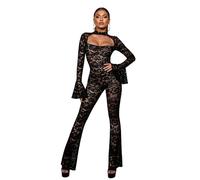 Oyolan Femme Manche Longue Et Large Combinaisons Dentelle Transparente Maillot Corps Pour Dames Unitard Jacquard En Dentelle Rencontre Noir M